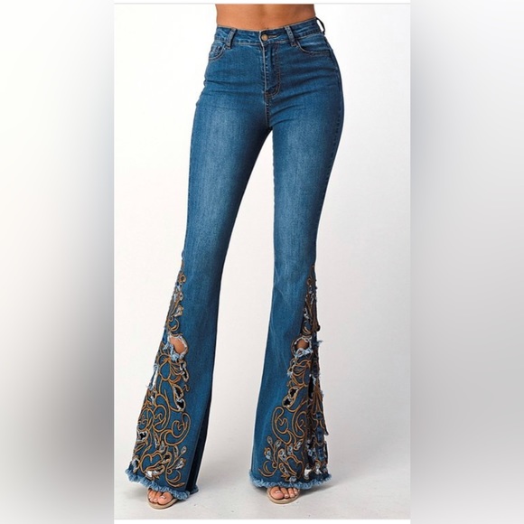 FLARE EMBROIDERY DENIM PANTS - Picture 1 of 3
